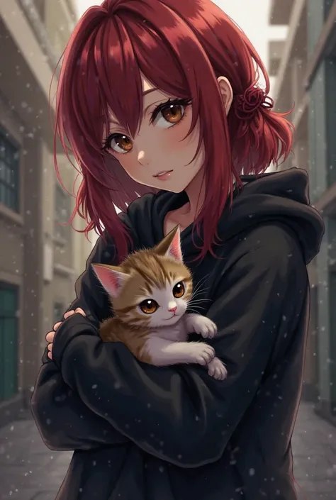 Haikyuu female oc,  dark red hair, brown eyes,  black sweatshirt , A kitten in arms