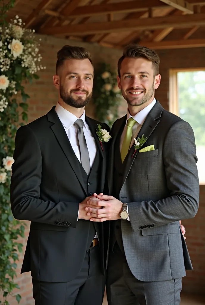  Handsome brown-haired man dressed in a black three-piece suit , silver tie and white shirt   , marrying a young man with brown hair and a trimmed beard who wears a dark gray three-piece suit with a white shirt and lime-colored tie in a stable decorated wi...