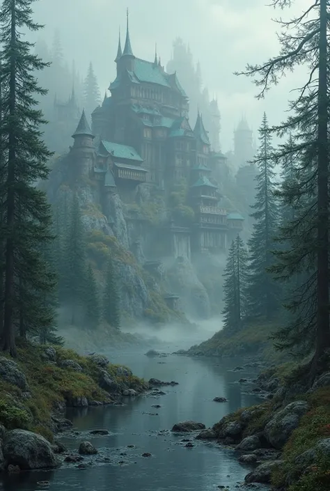 A big Viking city. Forest. Mystical silver mist. Without humans.