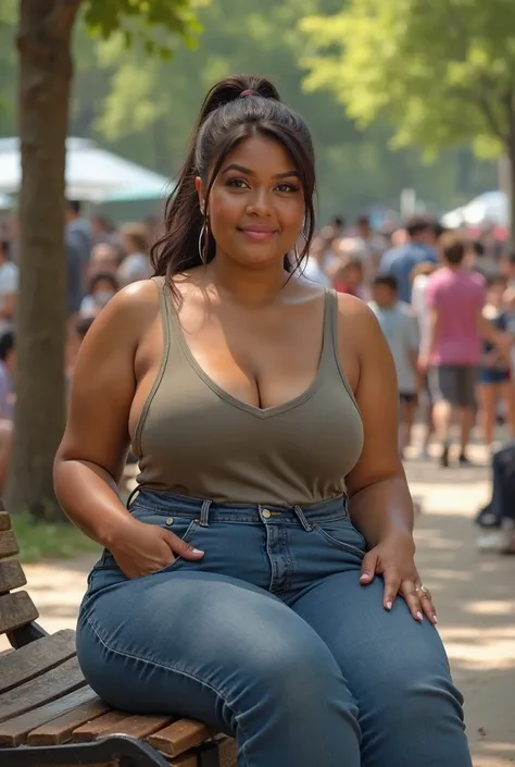 In a crowded park, a massive ass voluptuous pawg plus-sized 30-year-old white waitress with dark brown slickback ponytail , dressed in a low-cut tank top and jeans, sits seductively on a bench