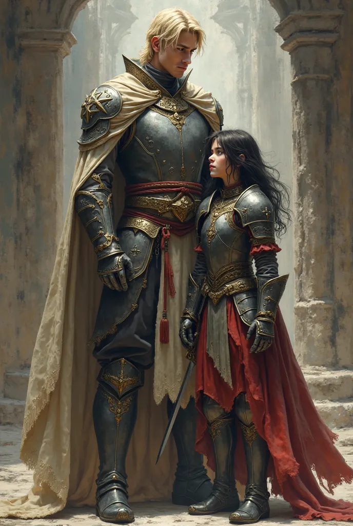 Guy prince blond hair tall next to each other is a short young girl Black hair  in armor with a sword 