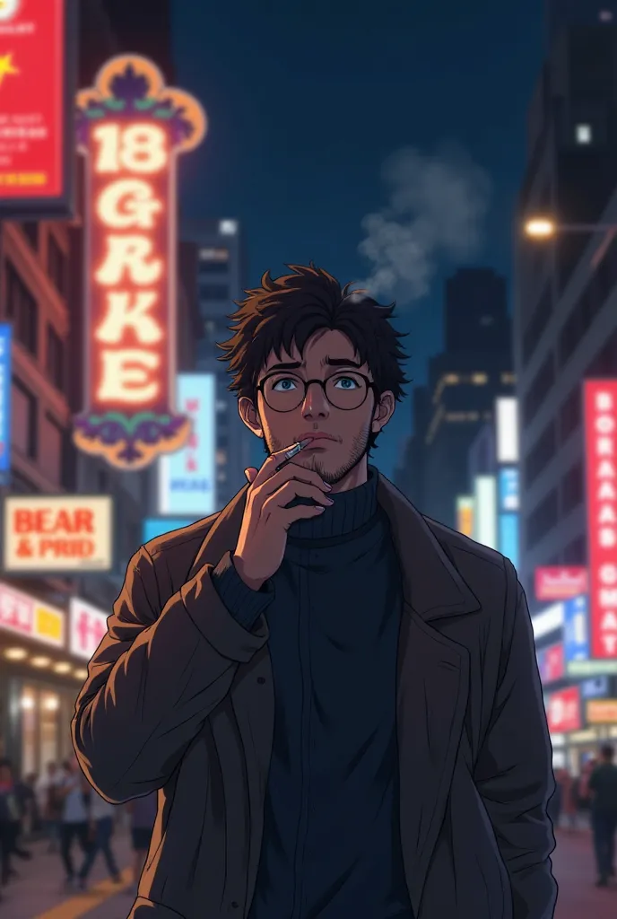 A man smokes a cigarette in front of Broadway at night　anime