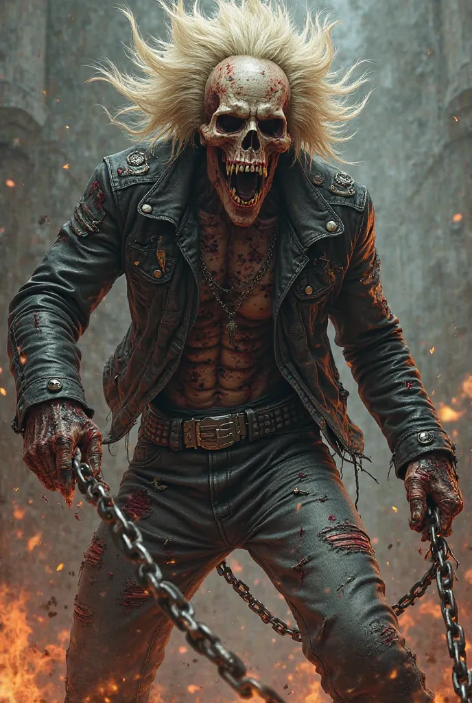 Make your ghost rider character a metalhead and make it look very wild and scary and look extremely bloody and have long hair and look like he's hitting with a chain in his hand. 