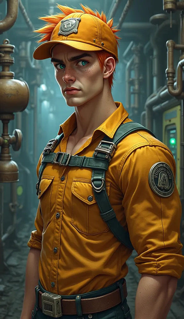 a muscular man, adult, orange hair, short spikey hair, turquoise eyes, freckles, mysterious, dangerous, electrician uniform, sleeves up, electrician hat, standing, machinery background, (portrait, urban fantasy, 3d rpg style)