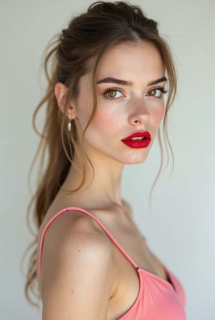 (Photorealism : 1.2), A beautiful woman, brown eyes, light brown hair tied in a ponytail, detailed mouth, red lipstick, porcelain white skin, albino white skin, pale fair skin, light ivory skin, very very fair white skin, porcelain white skin, very very ve...