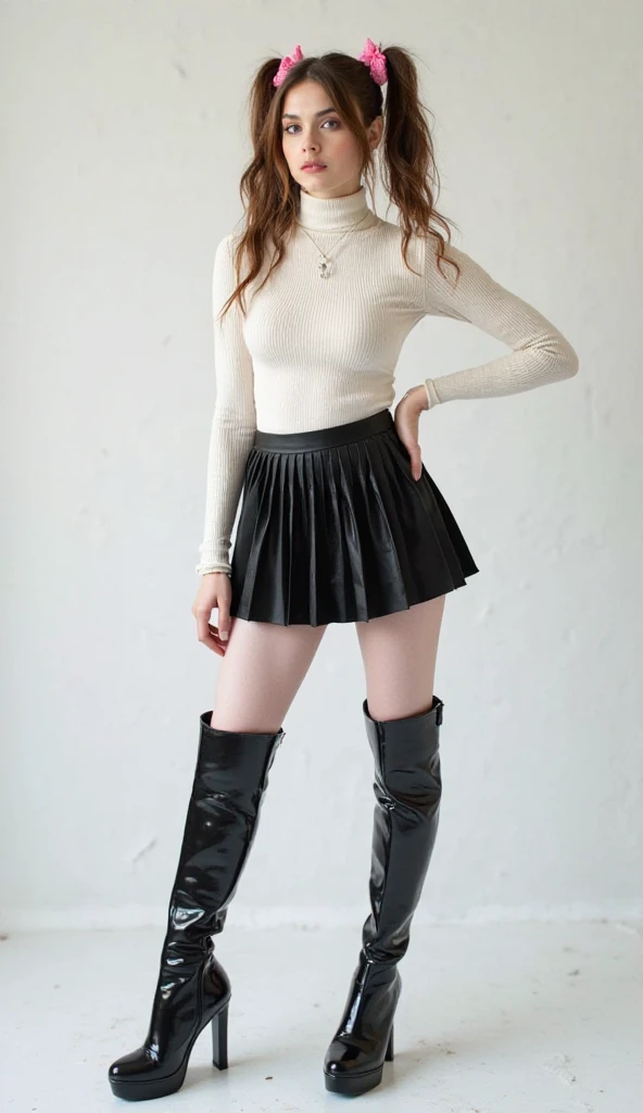 Young white brunette standing in the studio. she's wearing a light, tight white turtleneck and a too-short black accordion miniskirt. she has two ponytails on top of her head, black over-the-knee latex boots with stiletto heels and high soles, and white ti...