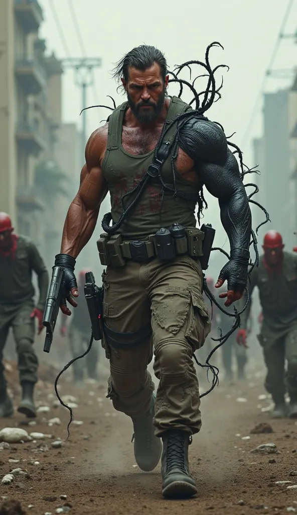 Marvel's Ed Brock in dirty and torn tactical suit, Venon symbiote on his right arm and part of his chest walking toward the camera with zombies in the background 