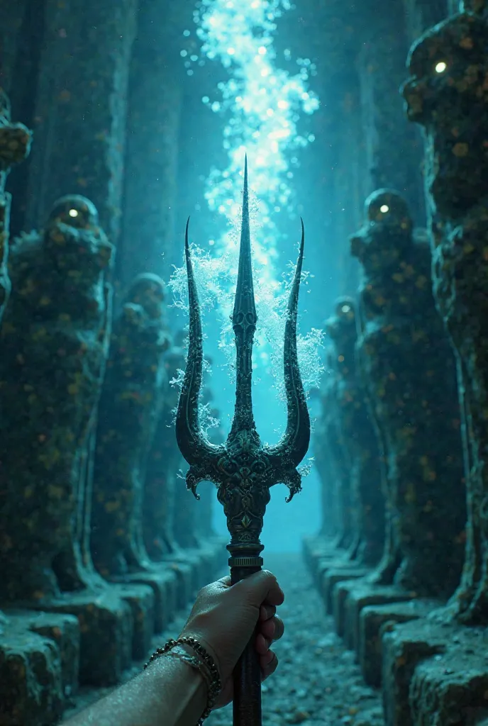 A first-person POV cinematic animation of Poseidon summoning his legendary trident. The camera starts looking down at Poseidon's hand, fingers moving through the water as the trident suddenly materializes in a burst of bioluminescent energy. The camera til...