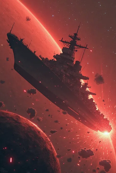 heavy battleship in space attacking nearby planet, is red, and has aura effects with tons of turrets