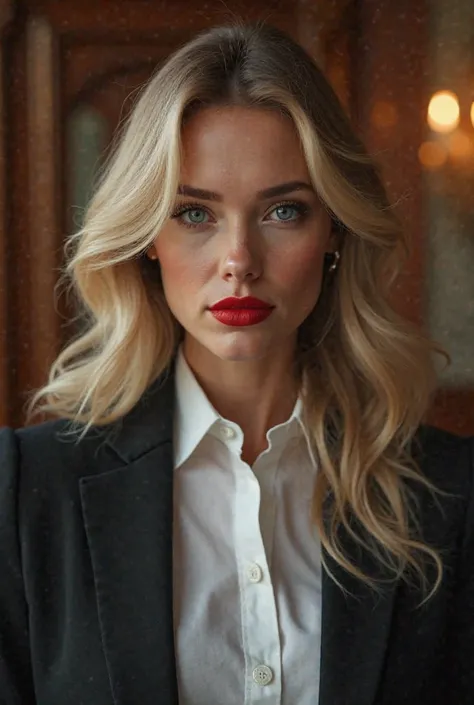 Very beautiful long-haired blond woman with fine lines, well-shaped eyebrows, thin nose, fleshy mouth and very beautiful blue eyes in red lipstick in lawyer's clothing on trial with her client.