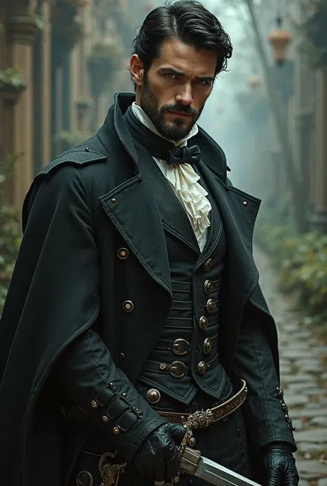 An elegant and strong Victorian con ascot ,  short black hair with short beard and green eyes ,   light leather balcony ,    for men, elegant and strong, wielding a long sword shrouded in light and a cold look wearing a Victorian costume