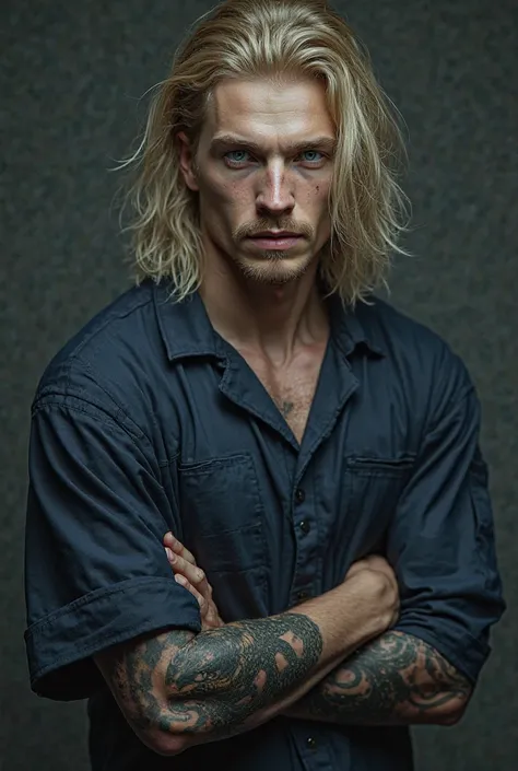 Young Man in early thirties, blue eyes, blonde extra long hair, white pale skin, strong athletic body, long sleeve Navi blue prisión uniform, snake tattoo in forearm, scar in lip