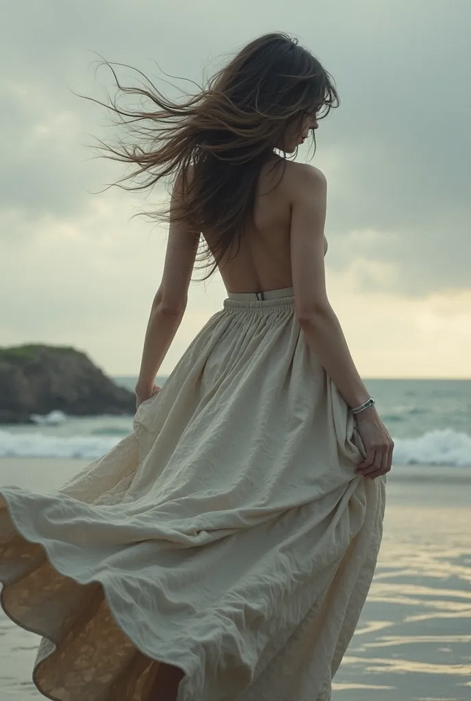 A , turned backwards to the camera and under her skirt, is blown by a strong wind