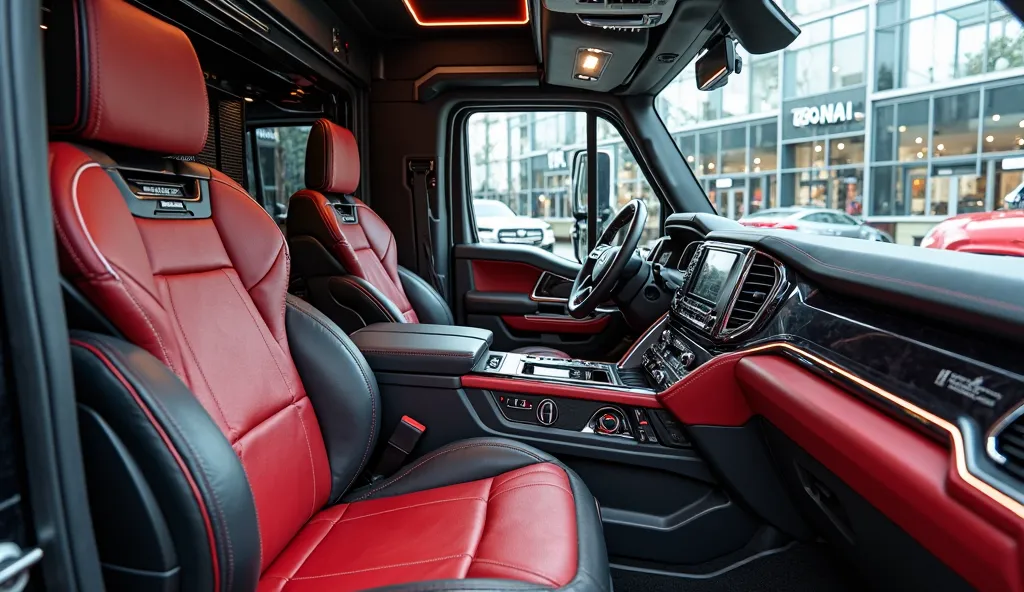 "A stunning red Kenworth T680 semi-truck’s interior, displayed inside a luxury automobile showroom. The cabin features premium leather seats with red stitching, a futuristic digital dashboard, and a high-tech steering wheel with chrome accents. The interio...