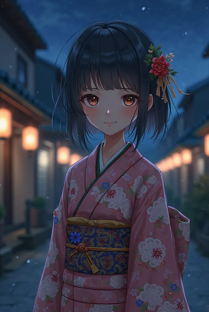 The girl is standing in a kimono and smiling, shy,  Anime style, in the background of the night 