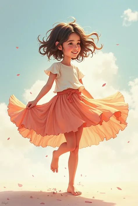 A small girl in a skirt whose skirt is blowing her skirt from below
