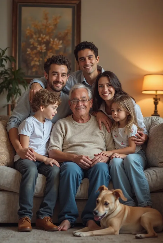 1. The grandfather was sitting in the center of the sofa, smiling warmly.


2. The grandmother was on his right hugging him affectionately.


3. The parents were standing behind the couch,  smiling at the camera .


4. older brother was standing next to hi...