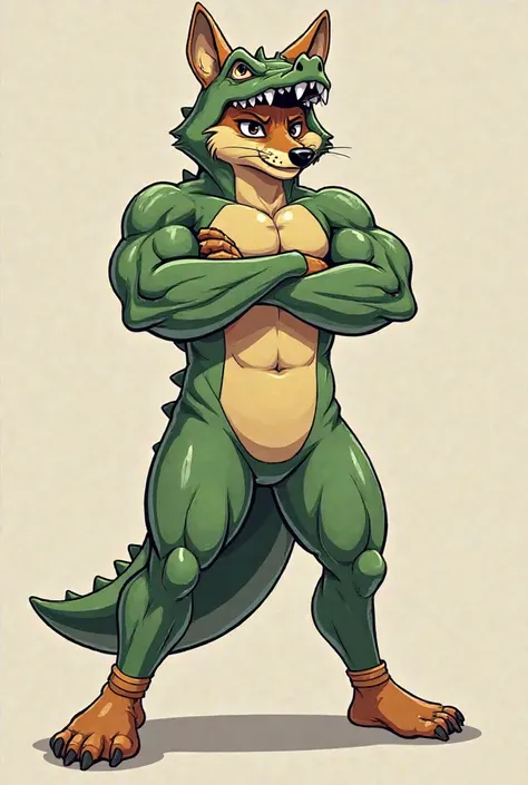  Make an anthropomorphic tall muscular furry coyote,Make him a himbo, a Big,dumb, muscular jock Who loves sports and socks, he's wearing long sport socks without shoes on and a full one piece crocodile onesie-like tight suit, the coyote's body is fully hid...