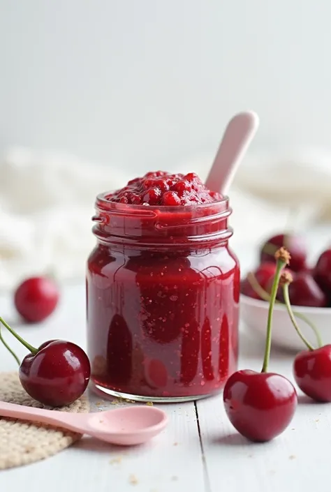 A clear glass jar with cherry baby food, next to fresh cherries and a fluffy spoon,  Clear and clean background, minimalist and healthy style,  vibrant and natural colors , I focus on the texture of the baby food and the freshness of the cherries.