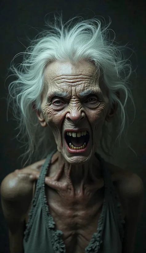 Create an image of an elderly white-haired woman,crazy, an expression of hate, a thin body,  almost skeletal ,  in a dark environment, detailed, 4K