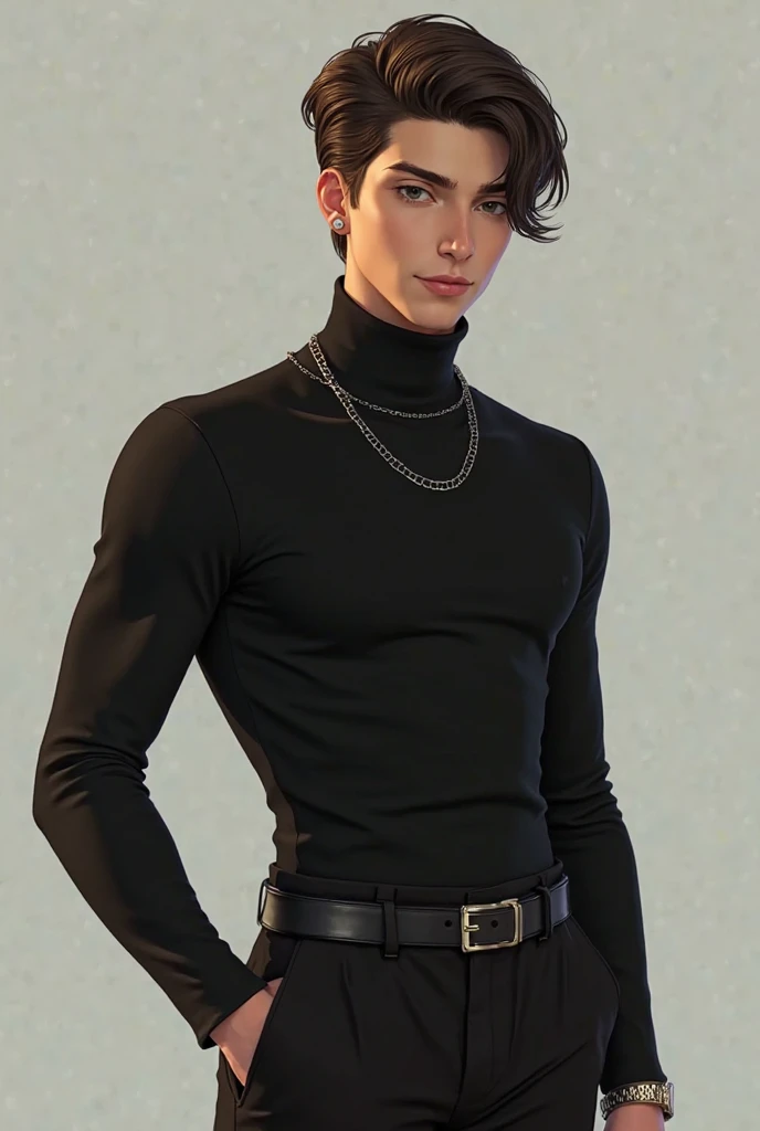 Handsome young 17-year-old guy with brown hair halfbox crop hairstyle, in a black turtleneck with a silver chain around the neck and in black pants with a leather belt, in dark sneakers.