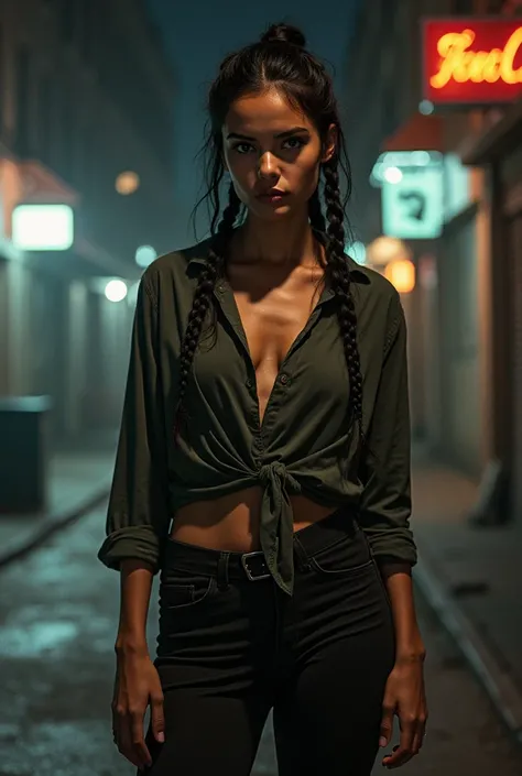 Tanned woman on the side, striking eyes braided black hair. She wears a blouse with leggings on her background at night in a dimly lit city and on an American street
