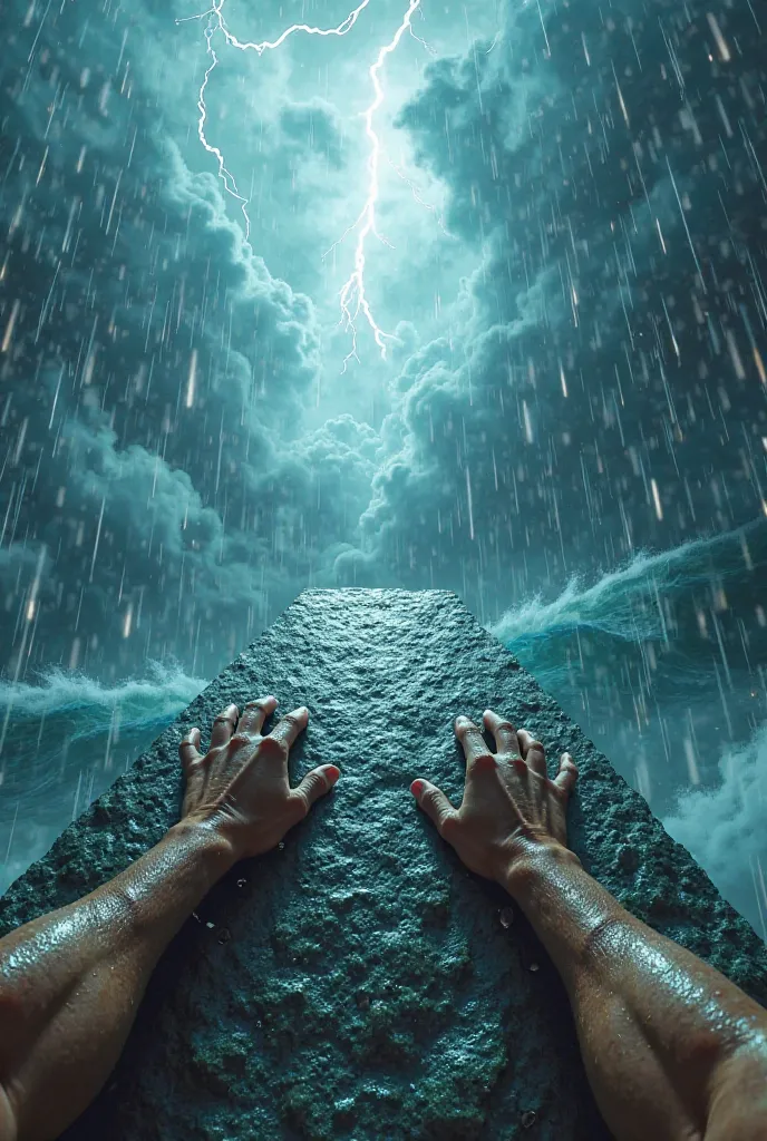 A first-person POV cinematic animation of Poseidon climbing to the highest point of his palace, emerging at a surface-level opening where air and sea meet. The camera starts looking down at Poseidon's hands gripping the wet stone edge, water droplets runni...