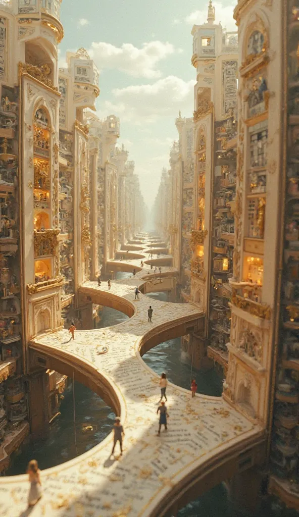 "A surrealistic floating city made of books, with buildings made of pages unfolding towards the sky. The pages should have golden details, and the urban landscape should be illuminated by a warm light. Tiny human figures walk along the paths between the fl...