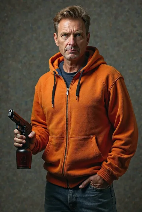 A man from USA aged 35, a drunk with a swollen and rumpled face, in an orange sweater with a hood and a zipper and blue jeans, short brown hair combed to the side, alcohol in one hand and a pistol in the other, completely black pupils