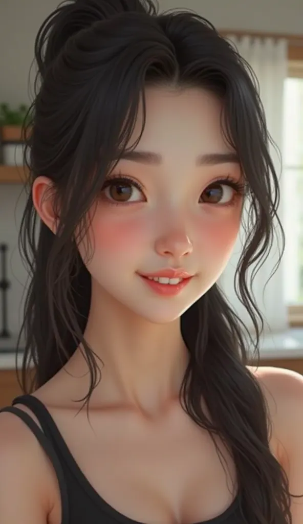 
Hyper-realistic digital portrait of a young woman with a round face, fair skin in a white-gray tone. She has expressive brown eyes and a subtle smile that conveys happiness. Her black hair is long and is tied in a ponytail thrown to the side, falling over...