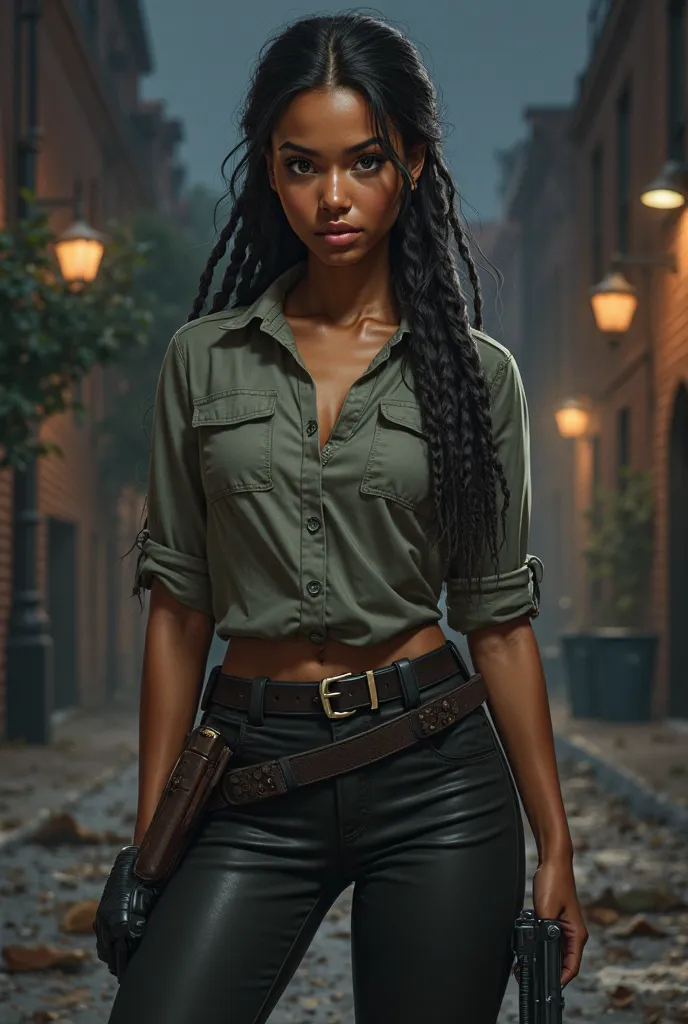 Tanned woman on the side, striking eyes braided black hair. She wears a safe blouse a pistol, with leggings on her background at night in a dimly lit city and on an American street
