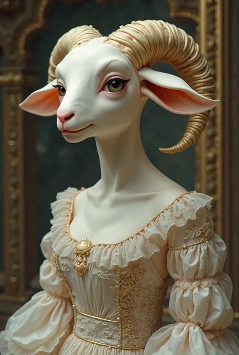 Upper body of a humanoid lamb woman in renaissance style