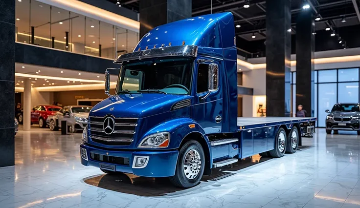 Front view A stunning blue Mercedes-Benz flatbed truck front view, highly polished with a reflective surface, showcased in a luxury automobile showroom. The truck's chrome grille, headlights, and aerodynamic design shine under bright showroom spotlights. T...