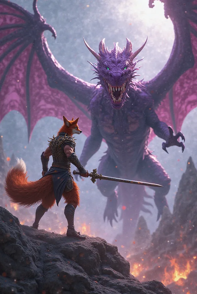 Humanoid fox fighting with purple dragon