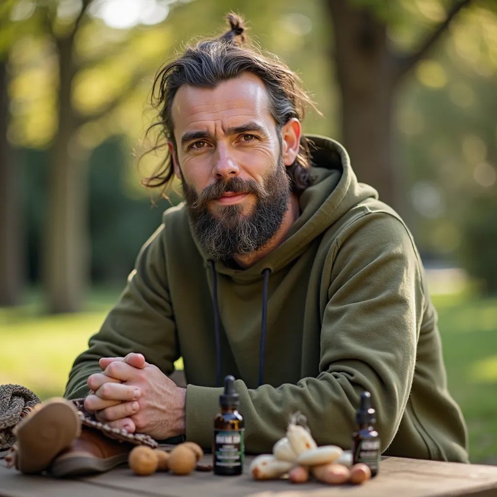 Portrait réaliste d’un homme d’une quarantaine d’années, barbu avec des cheveux mi-longs attachés en queue de cheval, vêtu d’un sweat à capuche vert olive. Il est assis dans un parc ensoleillé, . Autour de lui, des accessoires pour animaux et des flacons d...