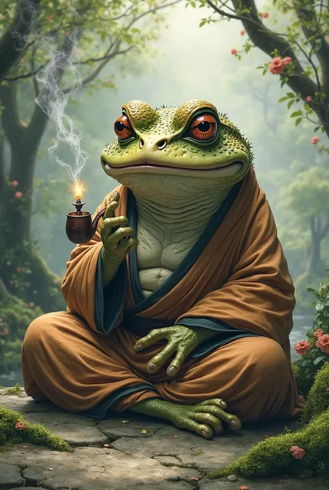 Naruto's wise toad smoking and wearing Japanese clothes