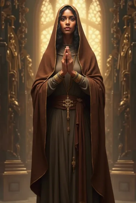 Create image of the Catholic Saint the Saint 
Nossa do Rosário dos Pretos wearing brown clothes