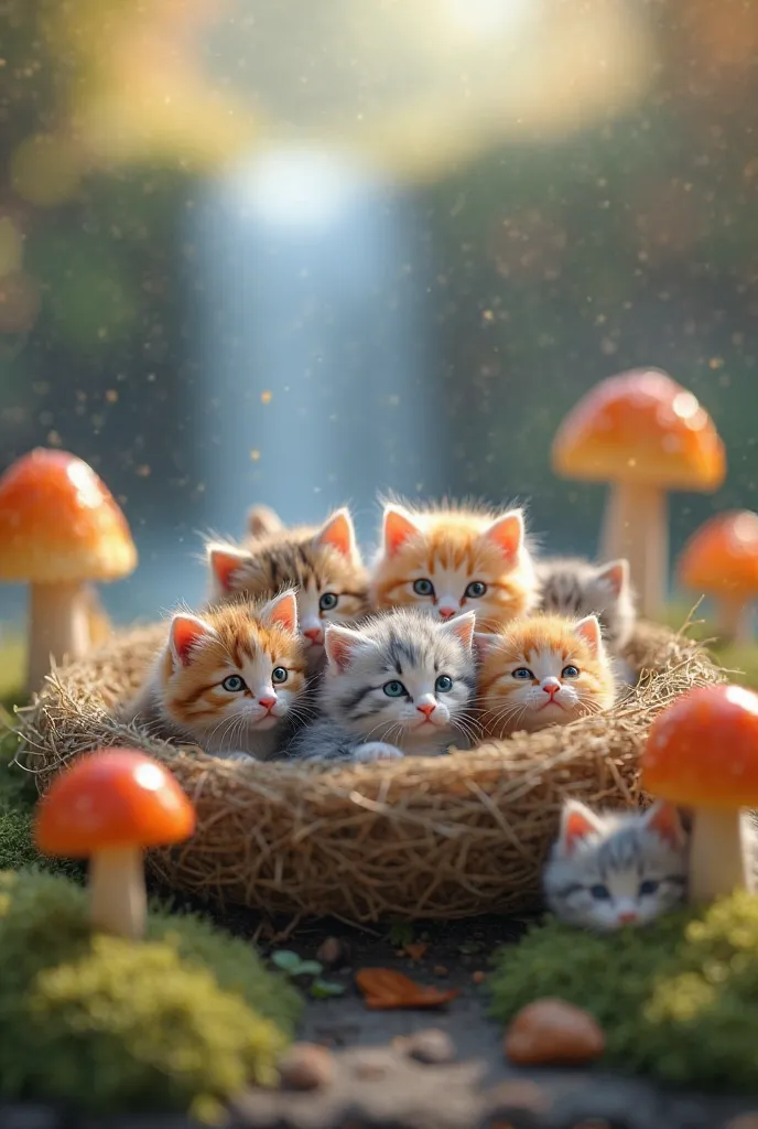 6 cute furry tiny kittens inside a nest. The background is blurred with a waterfall and mushrooms and one behind it