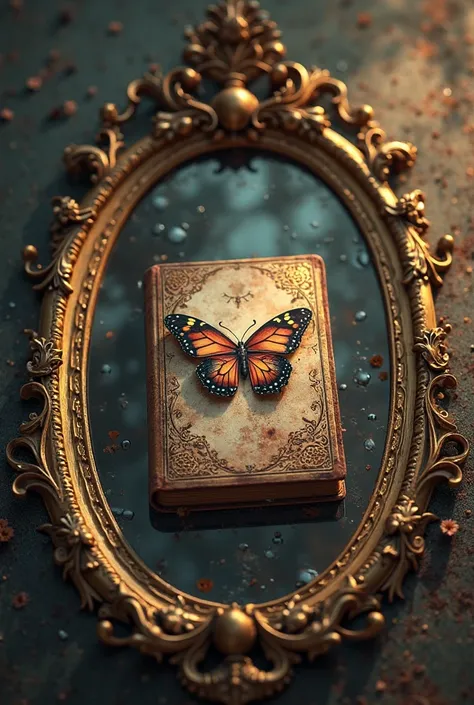 Old book with butterfly cover inside a mirror 