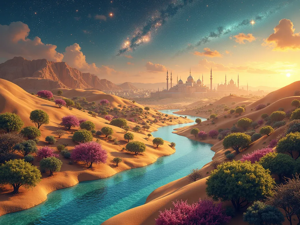 ((best quality)), ((masterpiece)), (detailed), Create a stunning abstract landscape that embodies the themes of Islamic expansion and the Golden Age of Al-Andalus. The scene should feature a harmonious blend of golden desert dunes transitioning into lush, ...