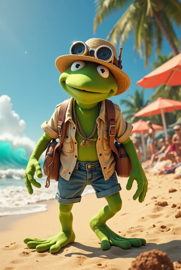 Kermit the frog dressed as a tourist ,appareil photo casquette , At the beach funny humor full body 