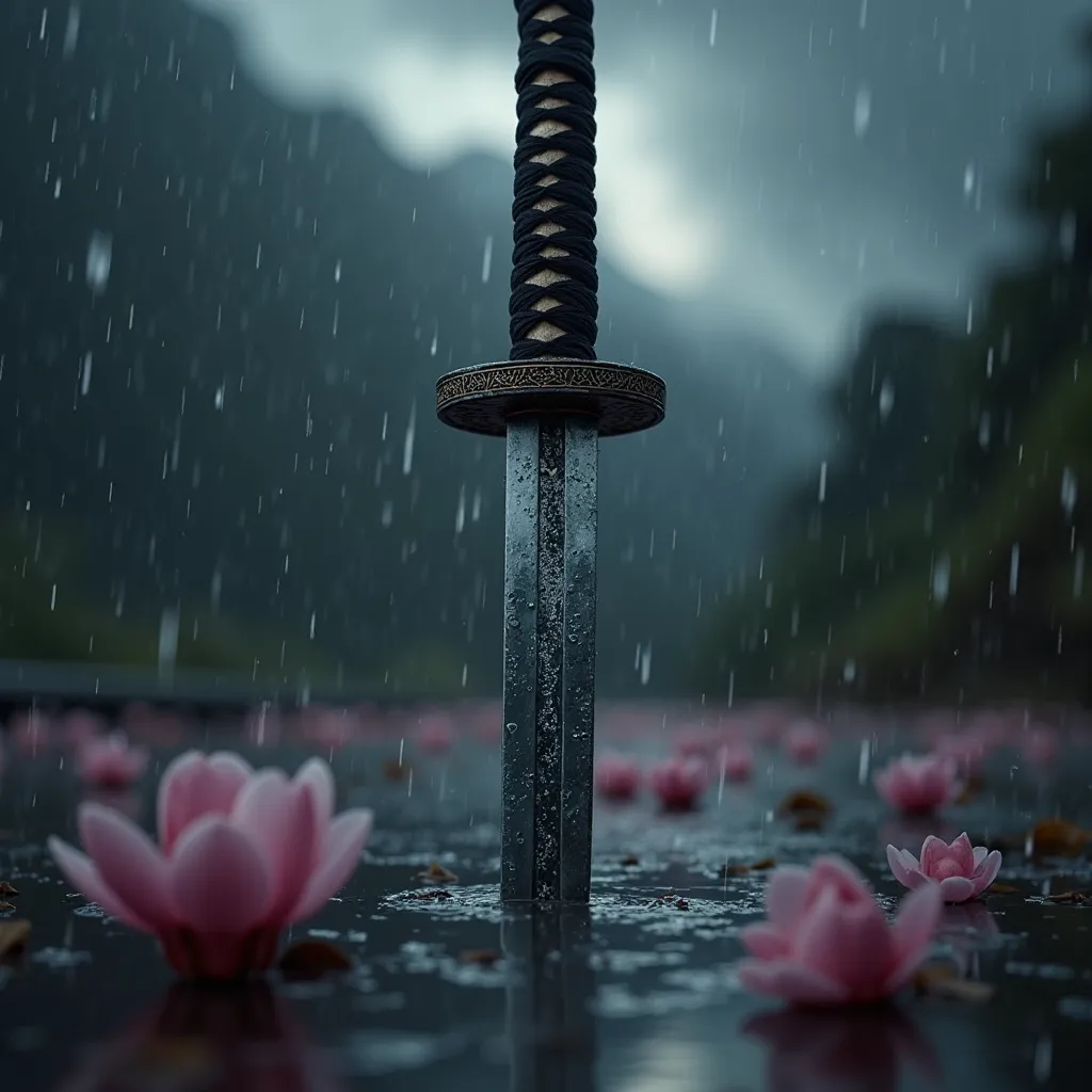 A hyper-realistic cinematic close-up of a katana sword standing upright in the rain, with water droplets running down its razor-sharp steel blade. The handle is intricately wrapped in black cord, wet and glistening under the moody stormy sky. The katana's ...