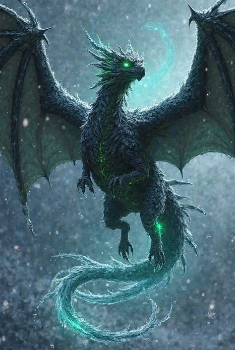 a black dragon with outstretched wings that wrap around the dark sky, with eyes that burn with green fire. From under its wing emerges an ice bird, its curve resembling frozen blades. The bird symbolizes the cold and precise power of Cyriel, while the drag...