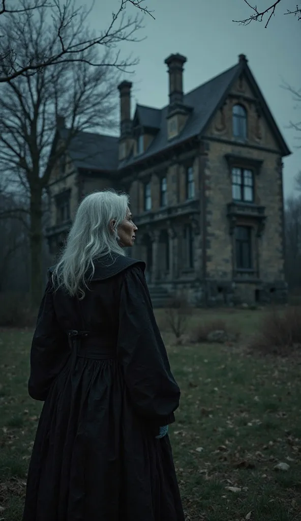 Create an image of an all-black mansion, with dry and blackened trees, Mine from the windows an old woman with white hair looks on her face with hatred, She wears old black clothes,  serroteo, Gloomy environments, dark night, 4K