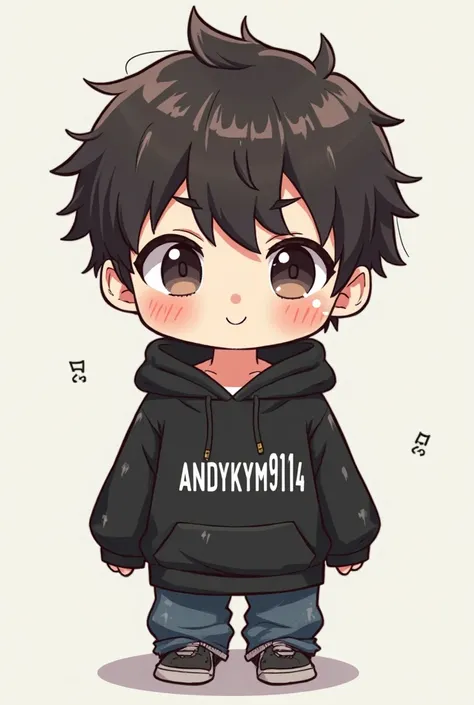 Chibi style , black hoodie , 30-Year-Old Lord with short hair and letters ANDYKYM9114