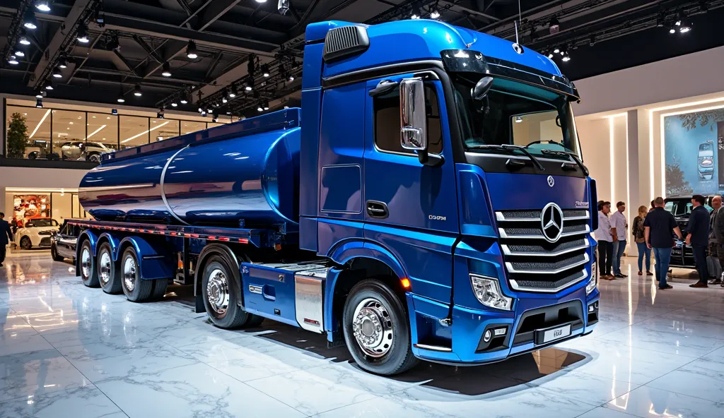 "A stunning blue Mercedes-Benz flatbed truck, highly polished with a reflective surface, viewed from the full left side inside a luxury automobile showroom. The truck’s aerodynamic design, chrome side mirrors, and large polished fuel tanks shine under brig...