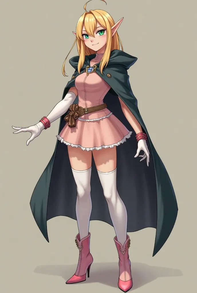 Elf Boy, with blond hair, left eye blue, right green, in a light pink short dress, long white stockings above the knee, elbow-length white gloves, covering the palm, pink high-heeled shoes with buckle, a sheath on a belt, in a dark cloak