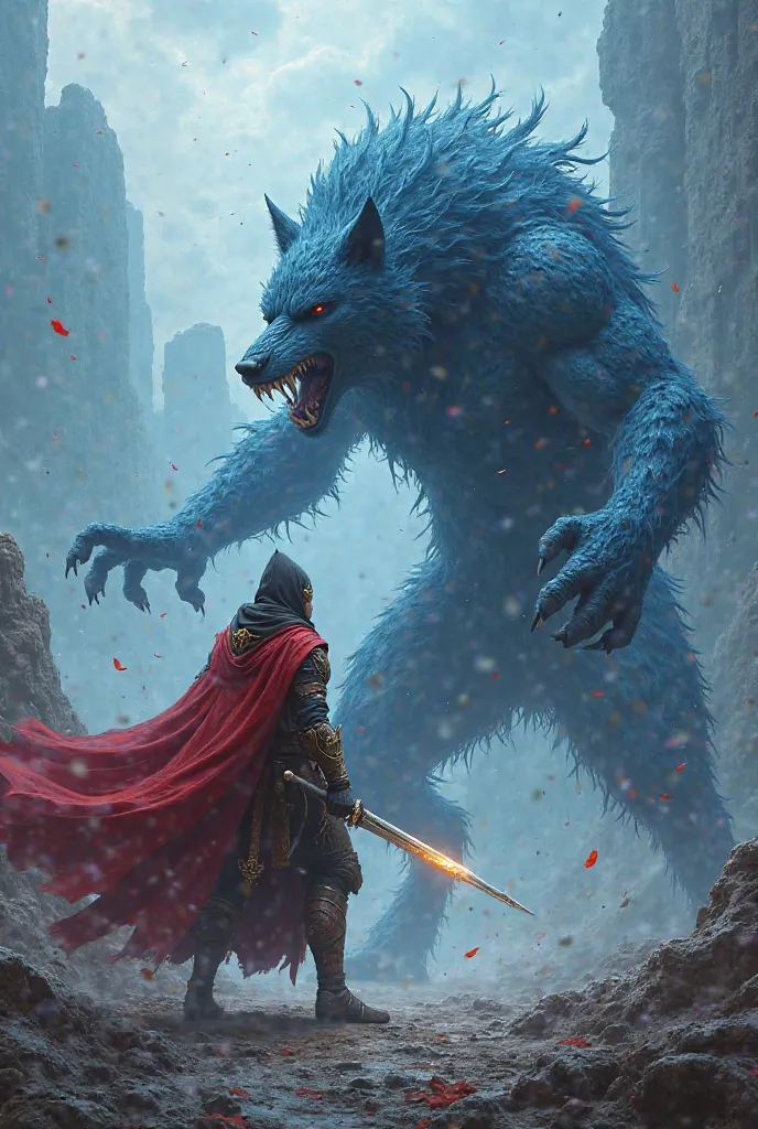 Red-caped guardian fighting with blue humanoid wolf