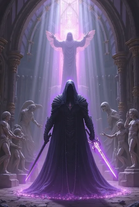 A dark and powerful warrior clad in black, surrounded by a mystical aura of purple energy, wields a glowing energy sword. The figure stands in a grand, celestial hall with statues of angels, skeletons, and divine beings reaching towards a central, illumina...