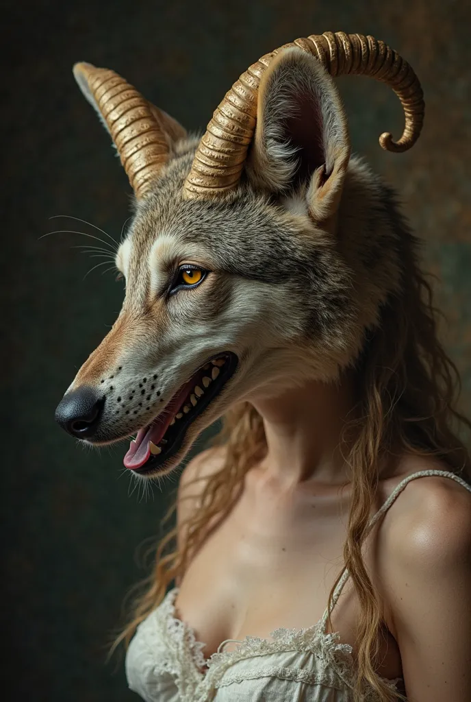 Upper body of a woman with lamb features like horns and yellow eyes wearing a dead wolf’s head in renaissance style. Her face has to show through the wolf’s open mouth. She is slightly turned to the side 